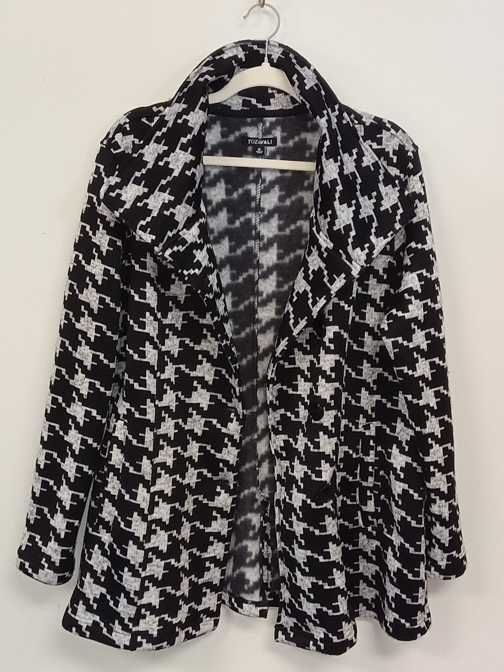 Roz & Ali Houndstooth Black Gray Funnel Neck Shawl Collar Button Knit Coat XL
